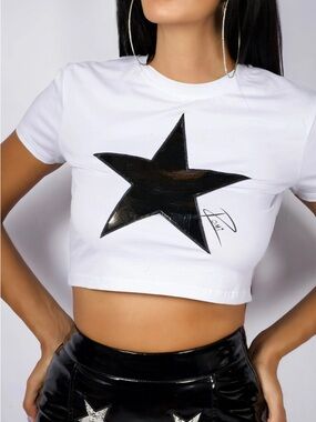 White Crop Top with Black Star Graphic